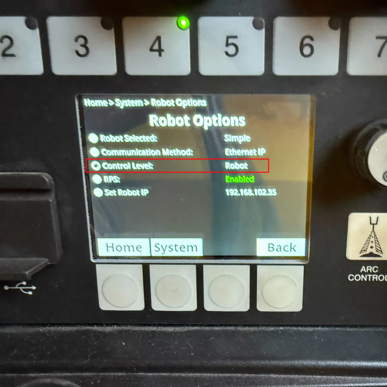 Robot Options screen showing Communication Method set to Ethernet IP and Control Level highlighted