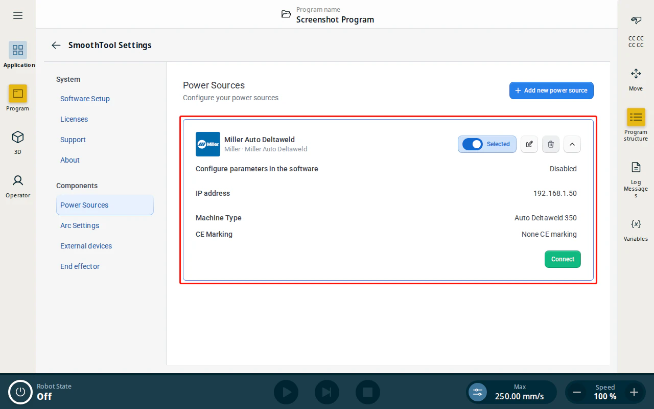 Configured Miller Auto Deltaweld power source entry