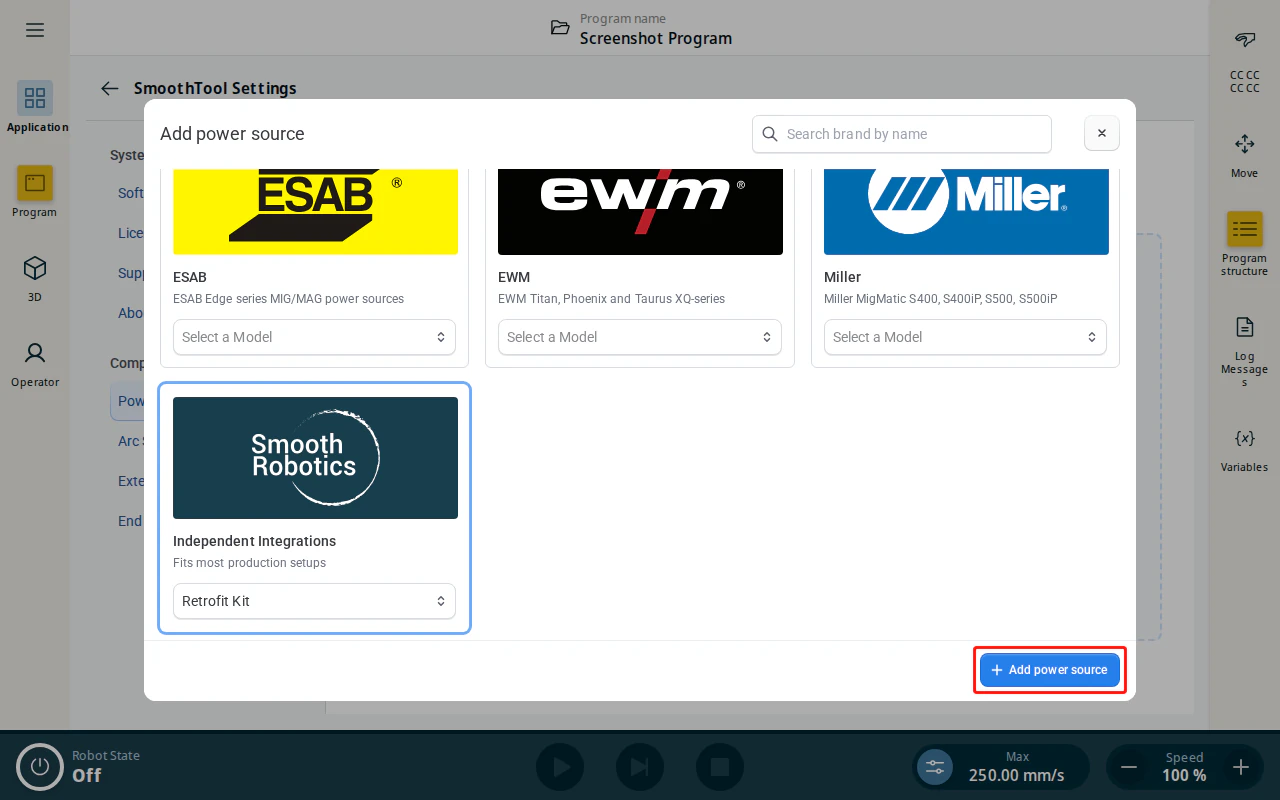 Add power source dialog — Retrofit Kit selected