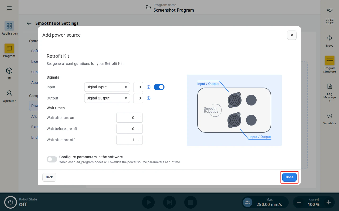 Retrofit Kit digital I/O configuration page