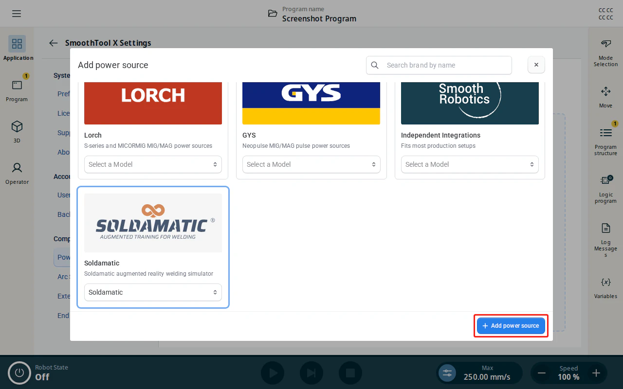 Add power source dialog — Soldamatic selected