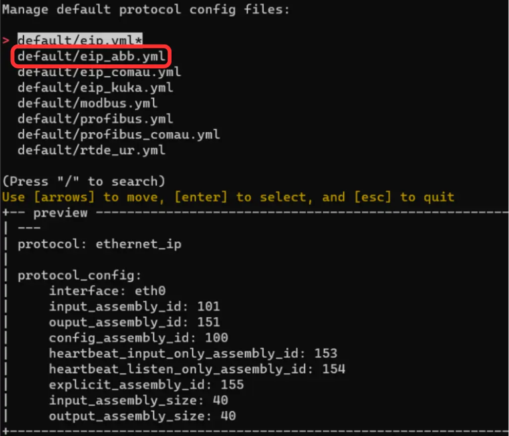 List of default protocol config files with default/eip_abb.yml highlighted