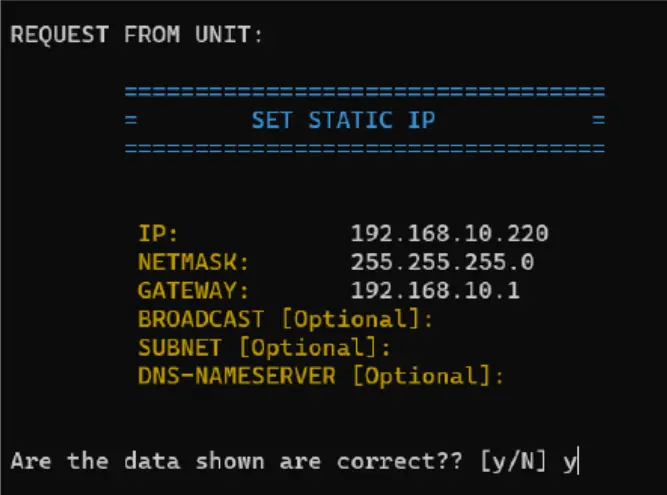 Set static IP form with IP, netmask and gateway filled in