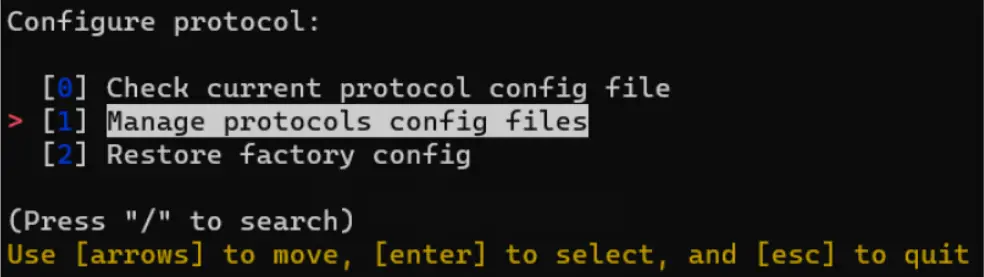 Configure protocol menu with Manage protocols config files selected