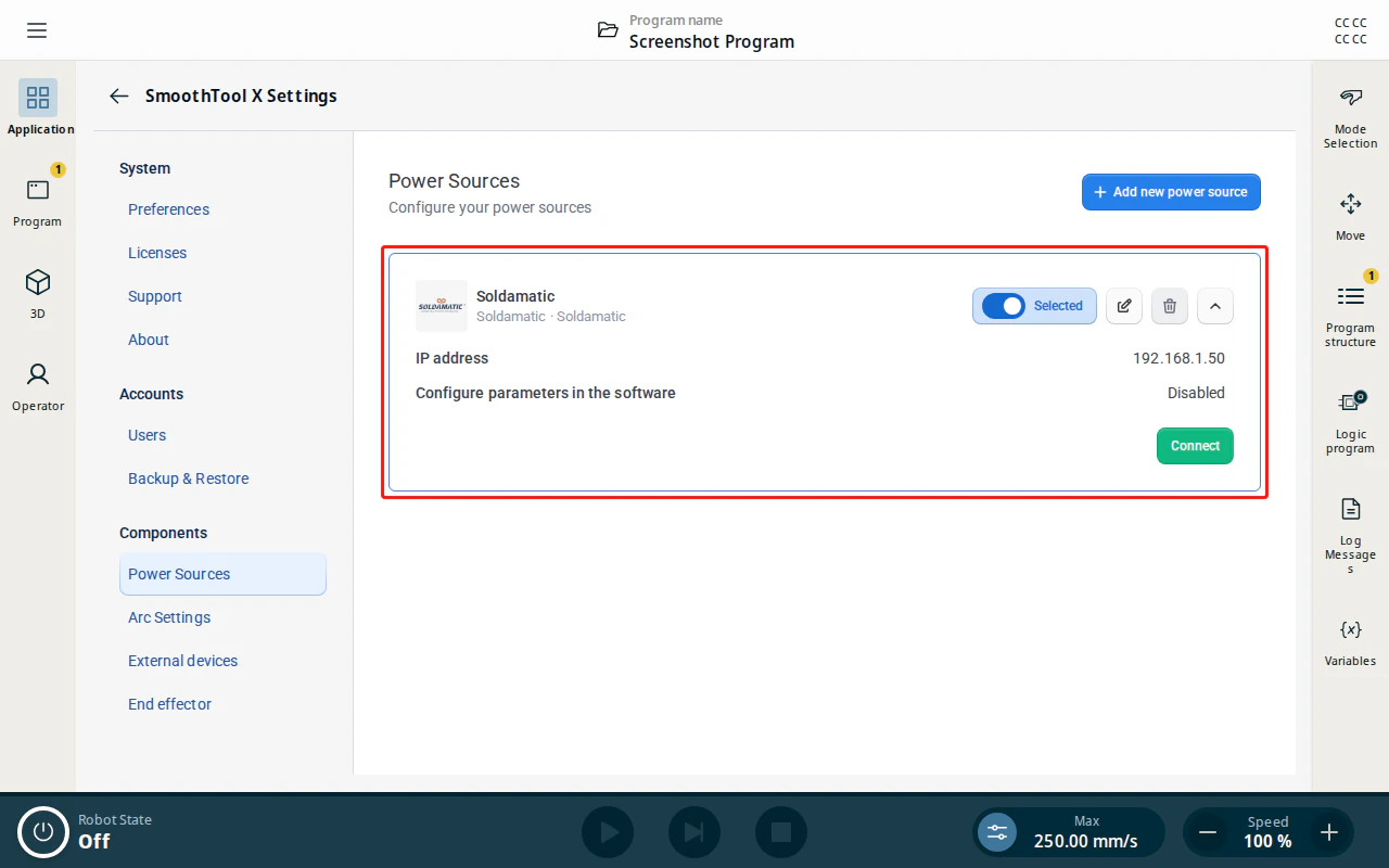 Configured Soldamatic power source entry