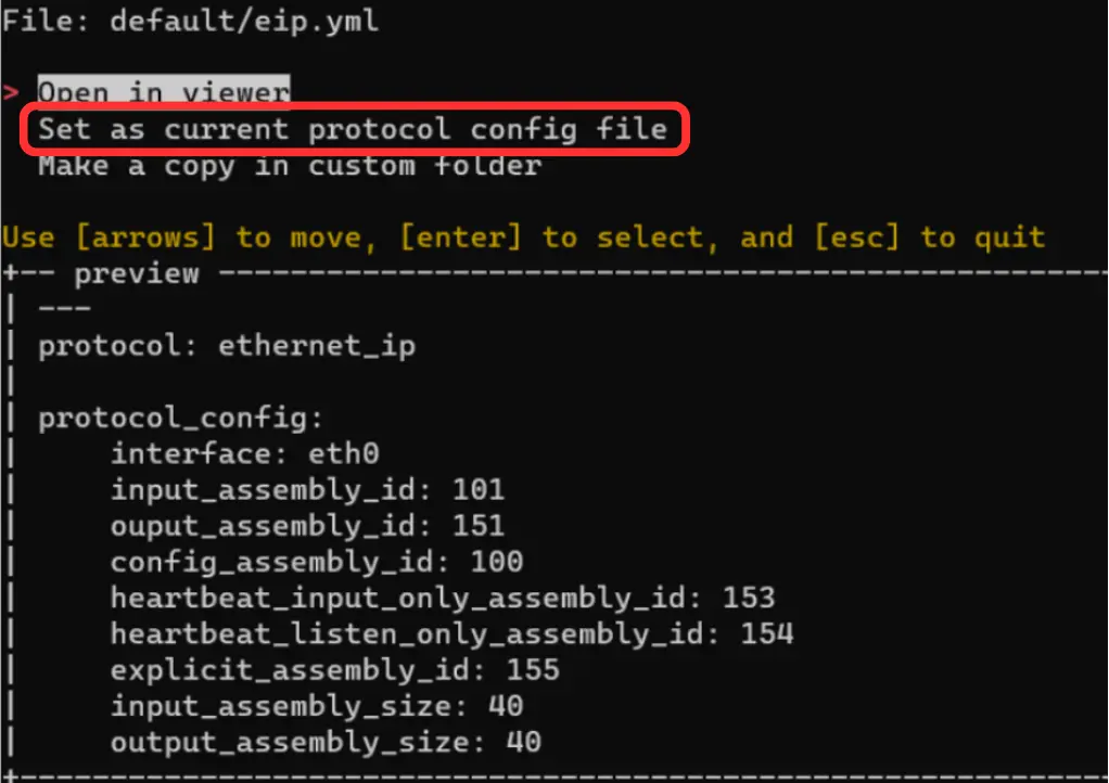 File menu with Set as current protocol config file selected