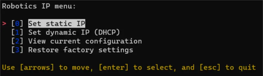 Robotics IP menu with Set static IP selected