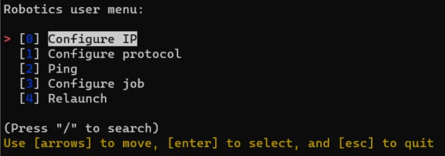 Robotics user menu with Configure IP selected