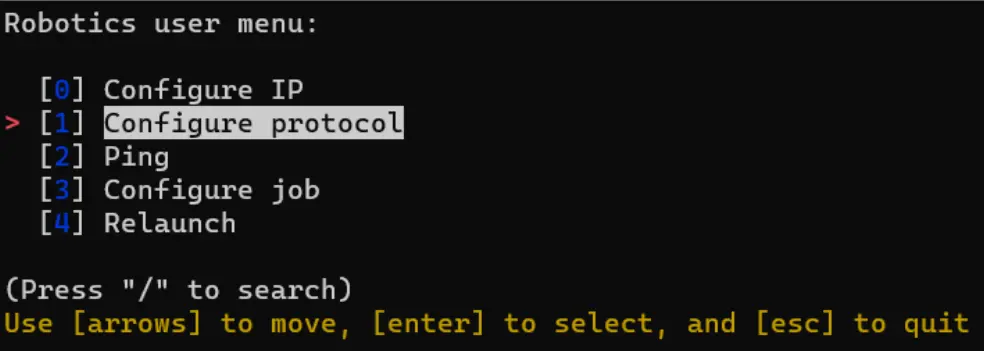 Robotics user menu with Configure protocol selected