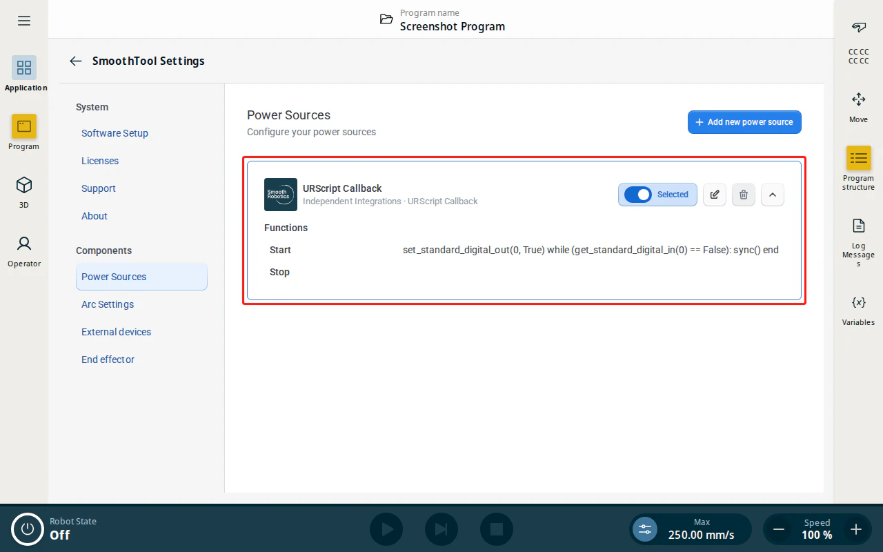 Configured URScript Callback power source entry