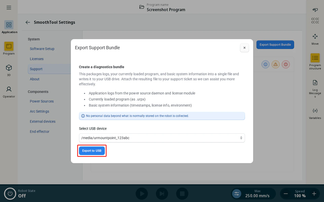 Export Support Bundle dialog — Export to USB button
