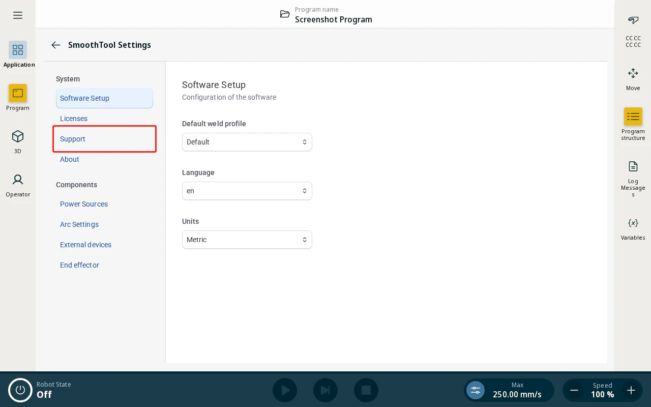 SmoothTool X Settings sidebar — Support tab