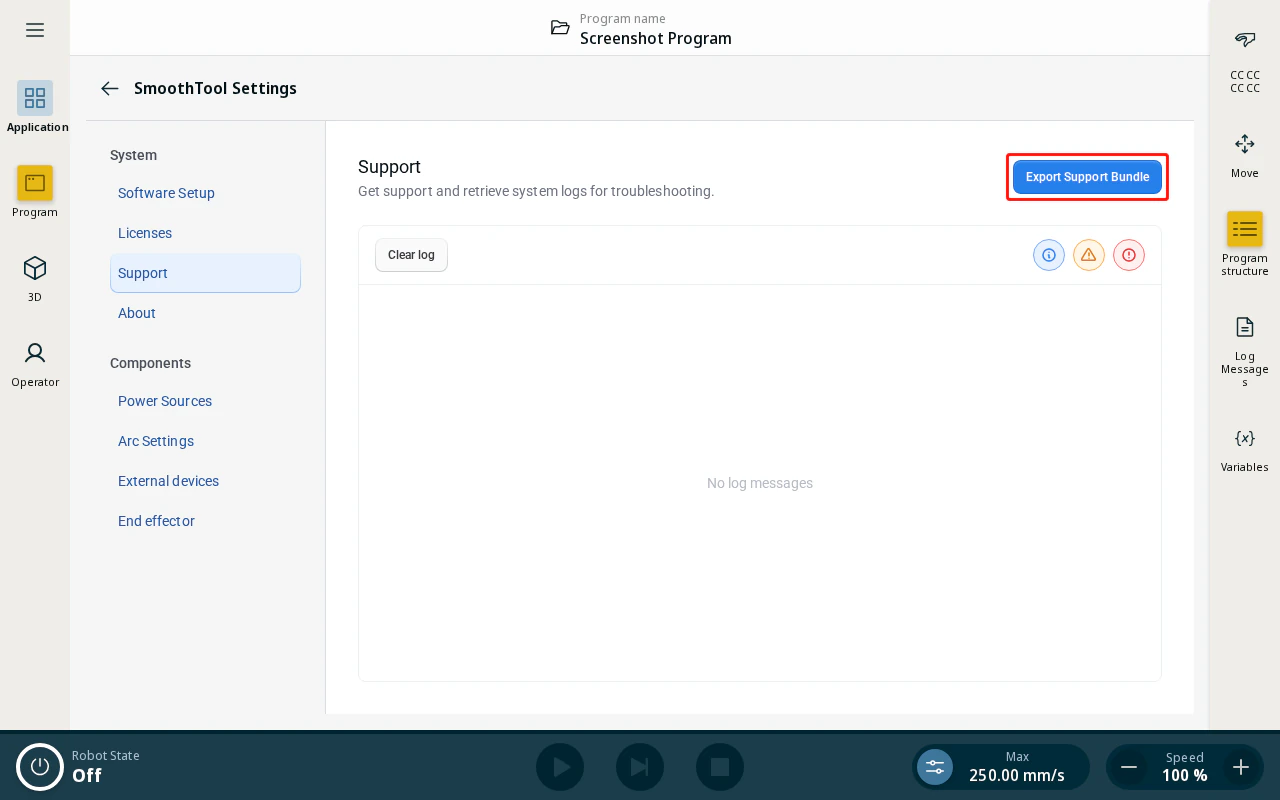 Support page — Export Support Bundle button