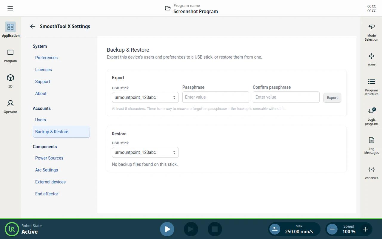 Backup & Restore page — the Export and Restore cards