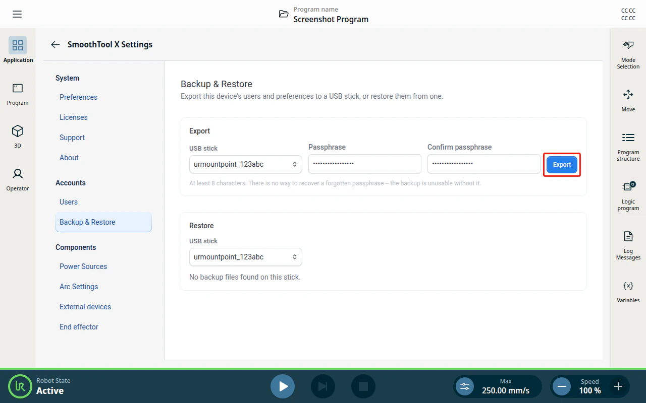 Export card — passphrase filled in and the Export button active