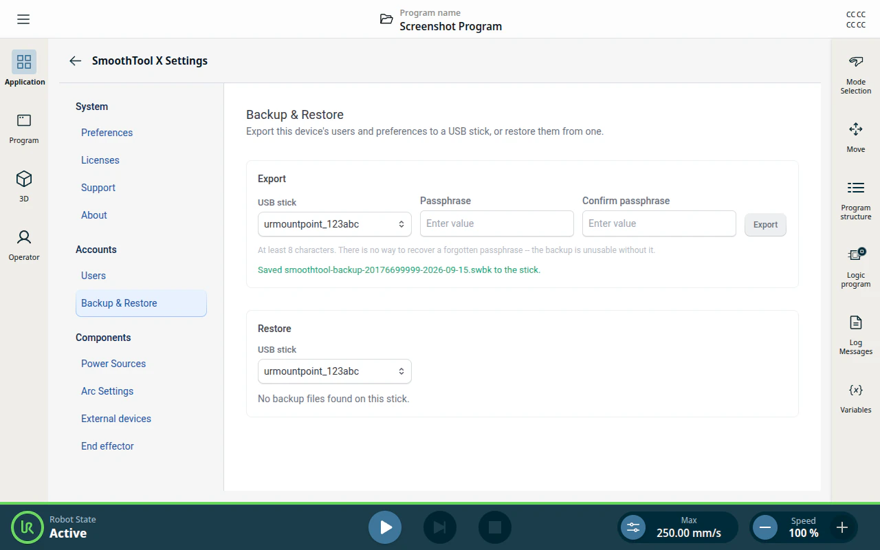 Export card — confirmation naming the file written to the stick