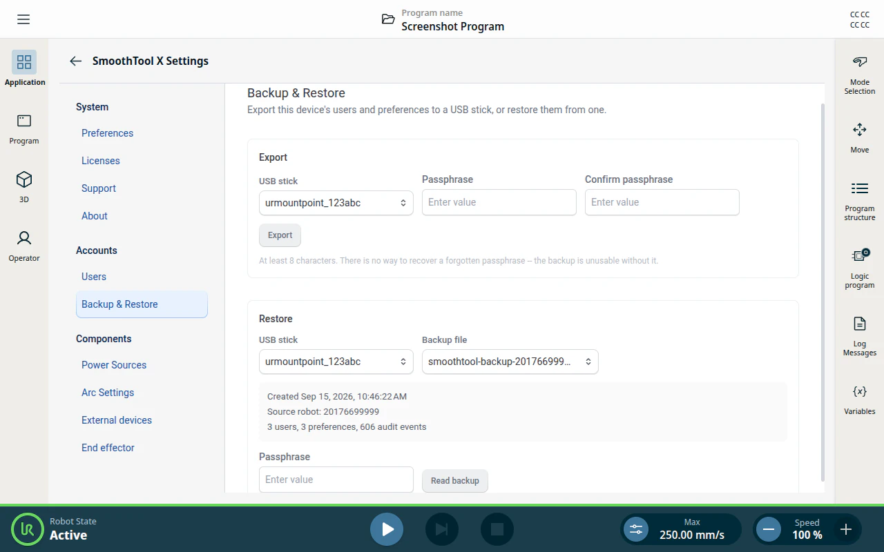 Restore card — a backup file selected, its label shown, and the Read backup button