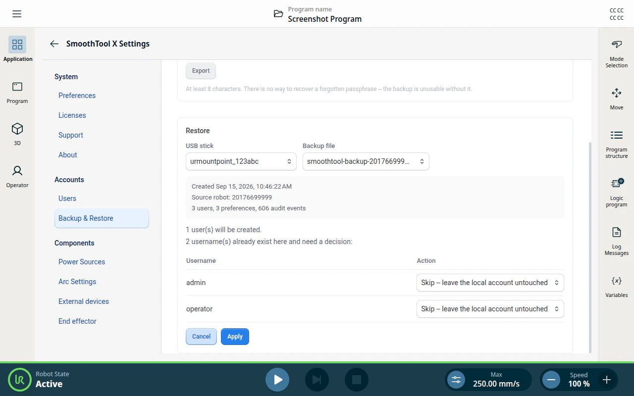 Restore card — the plan: users to create, and a decision per colliding username