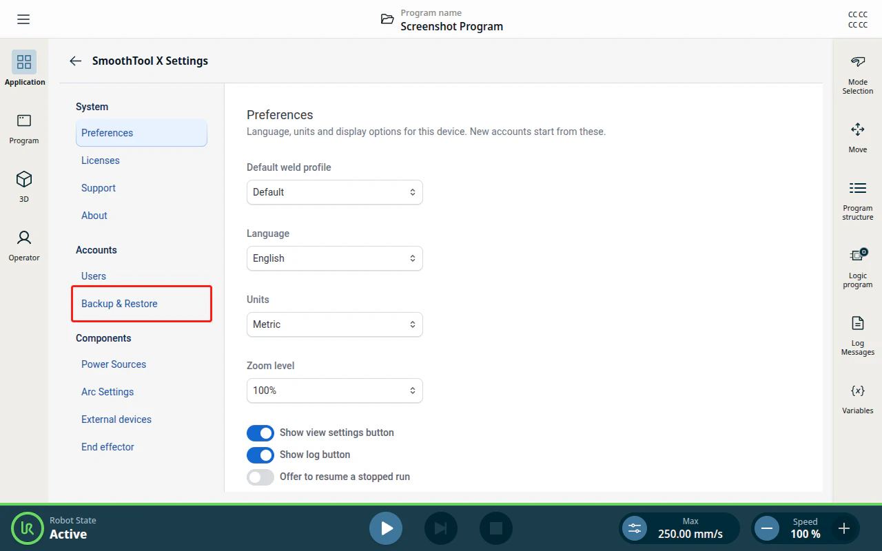 SmoothTool X Settings sidebar — Backup & Restore