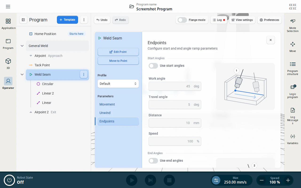 Endpoints tab on the Weld Seam node
