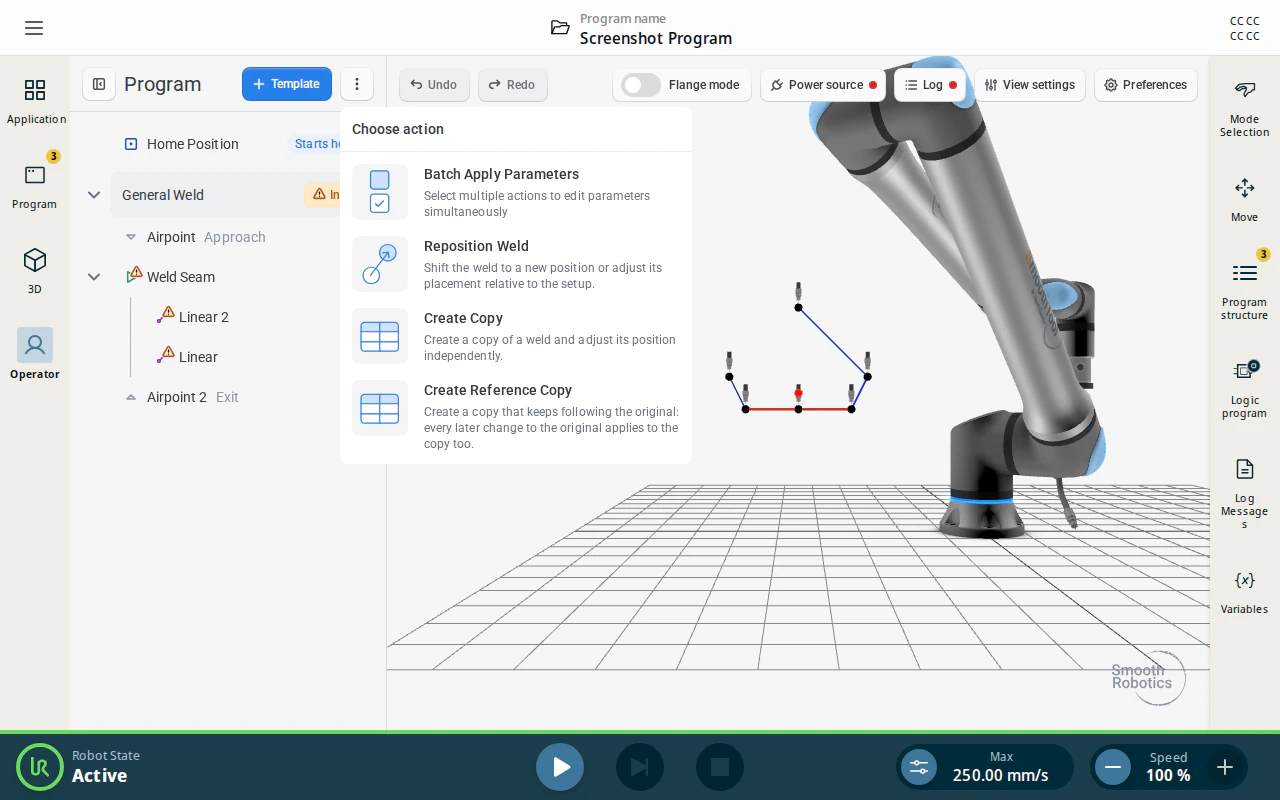 Program header ⋮ menu — Reposition Weld, Create Copy and Create Reference Copy