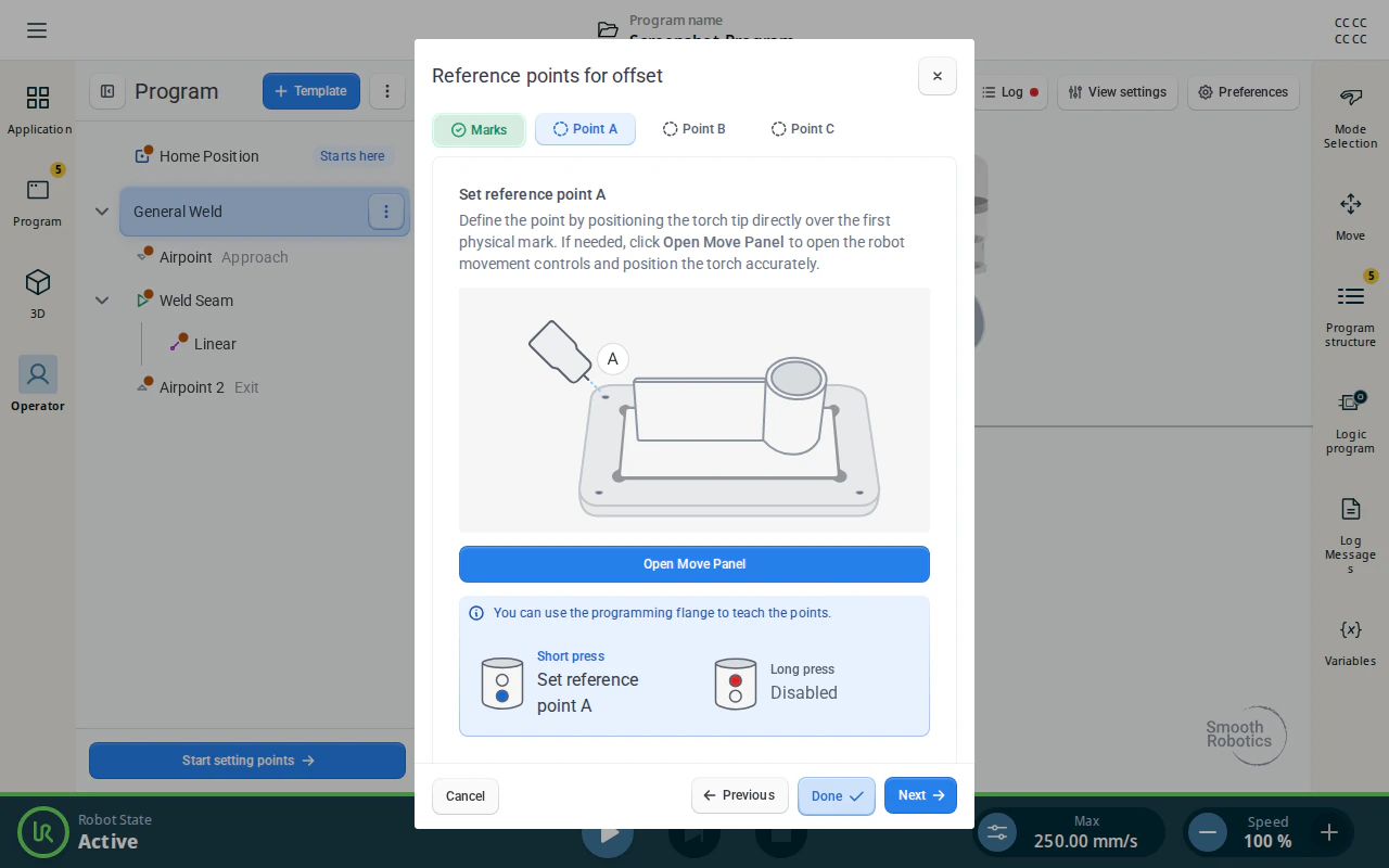 Reference points wizard — Set reference point A