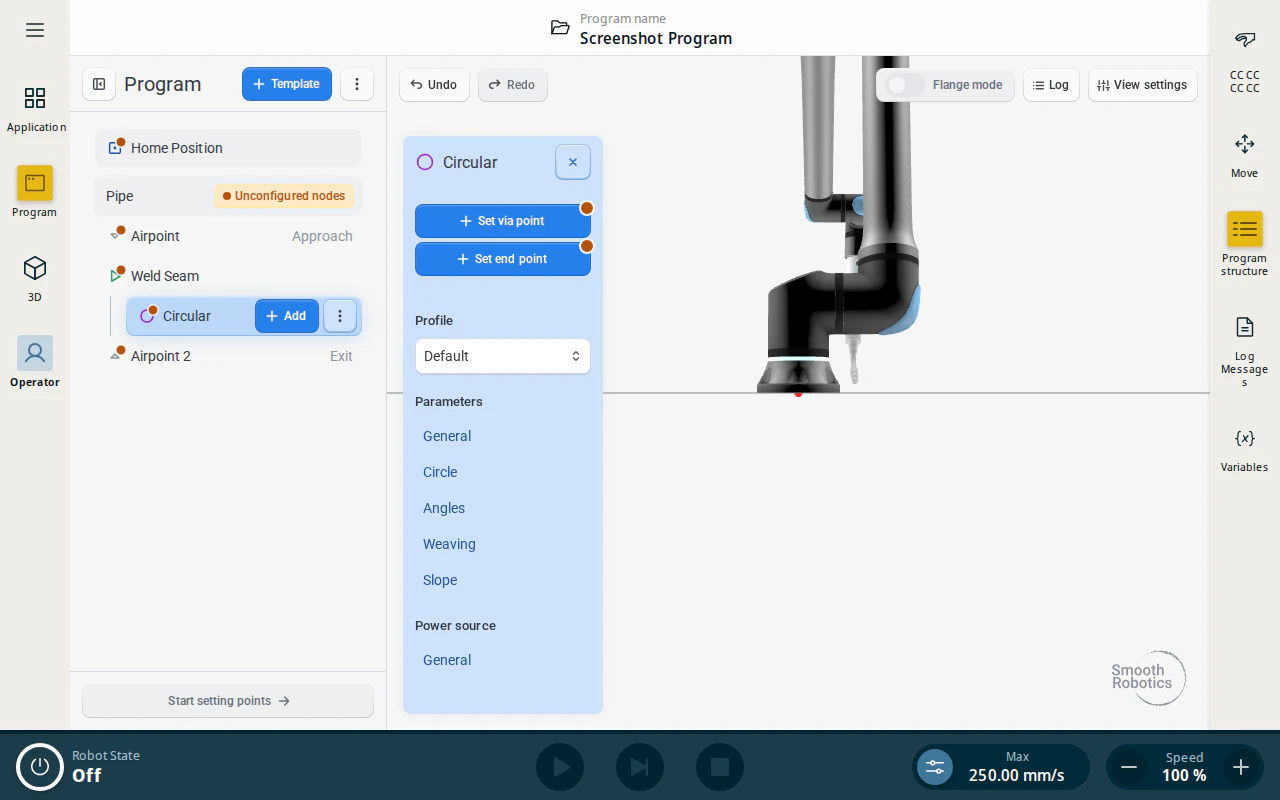 Pipe template in the program tree with the circular segment