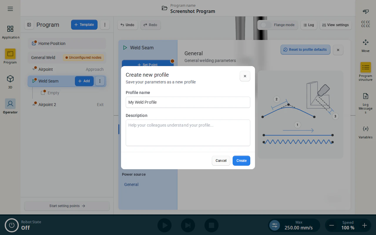 Create new profile dialog
