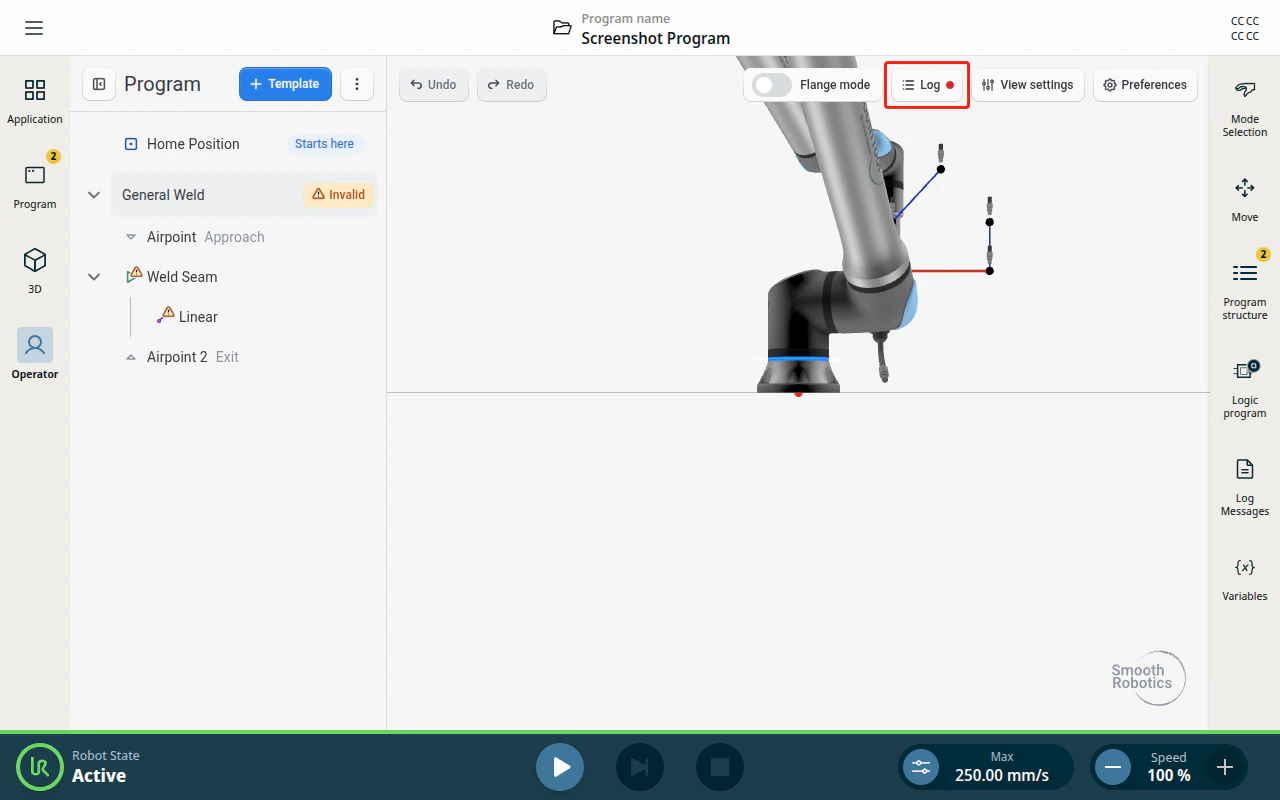 Log button carrying an error dot, beside a template marked Invalid