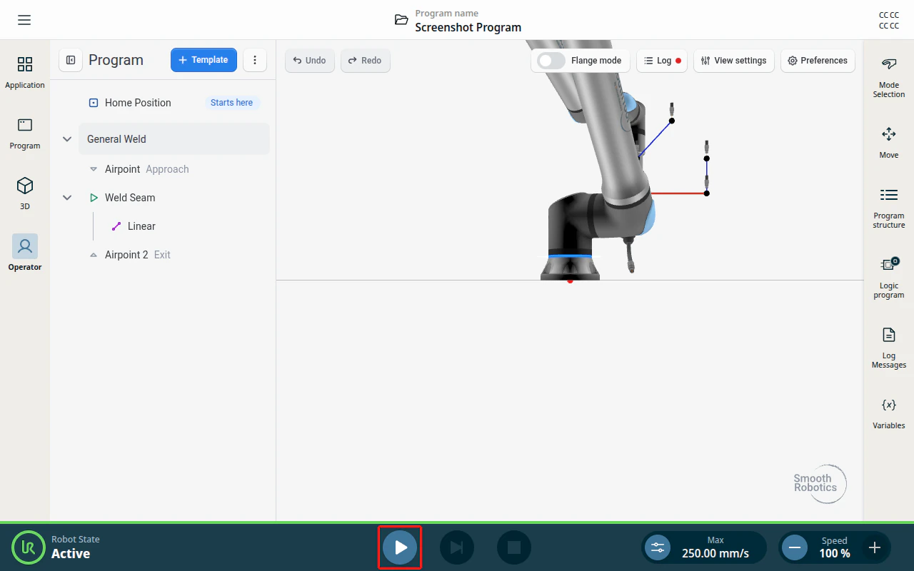 Run controls in the operator screen toolbar